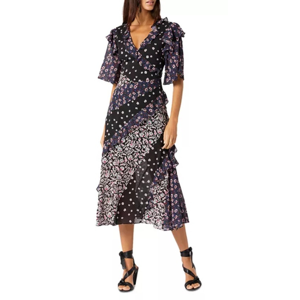 Joie Ambroise Floral-Print Ruffle-Trim Dress Sz 14